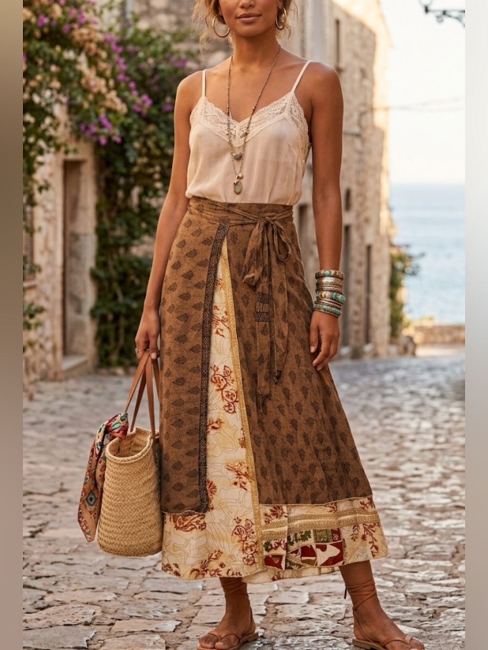 Bohemian Tie-Waist Maxi Skirt in Brown and Cream